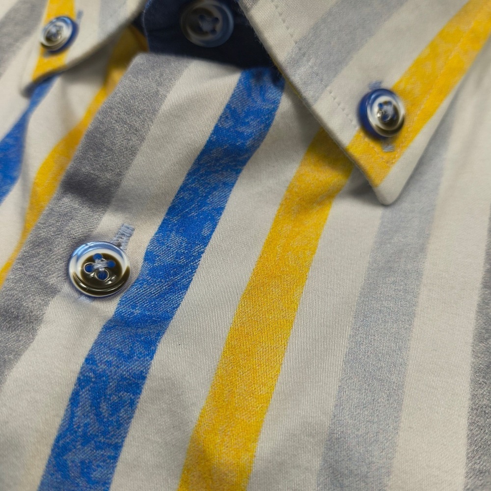 Armas Royal Club Mens XL Striped Short Sleeve Button Down Shirt Blue Yellow Grey